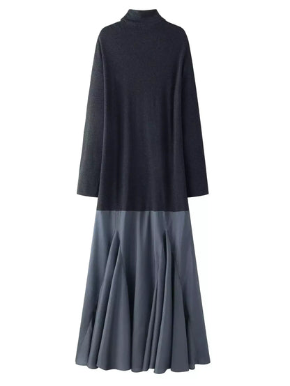 Turtleneck Jersey and Satin Flared Maxi Dress - Dresses