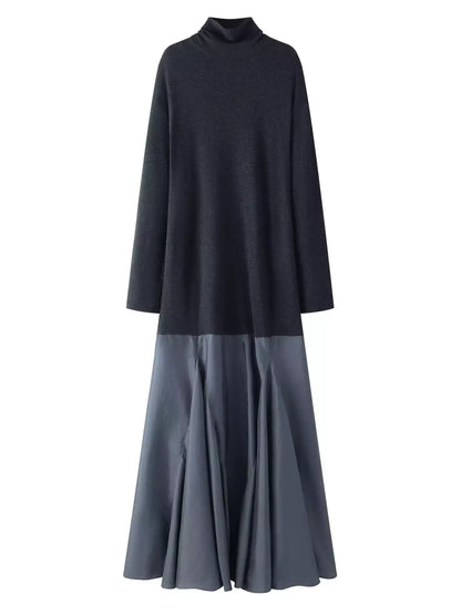 Turtleneck Jersey and Satin Flared Maxi Dress - Dresses