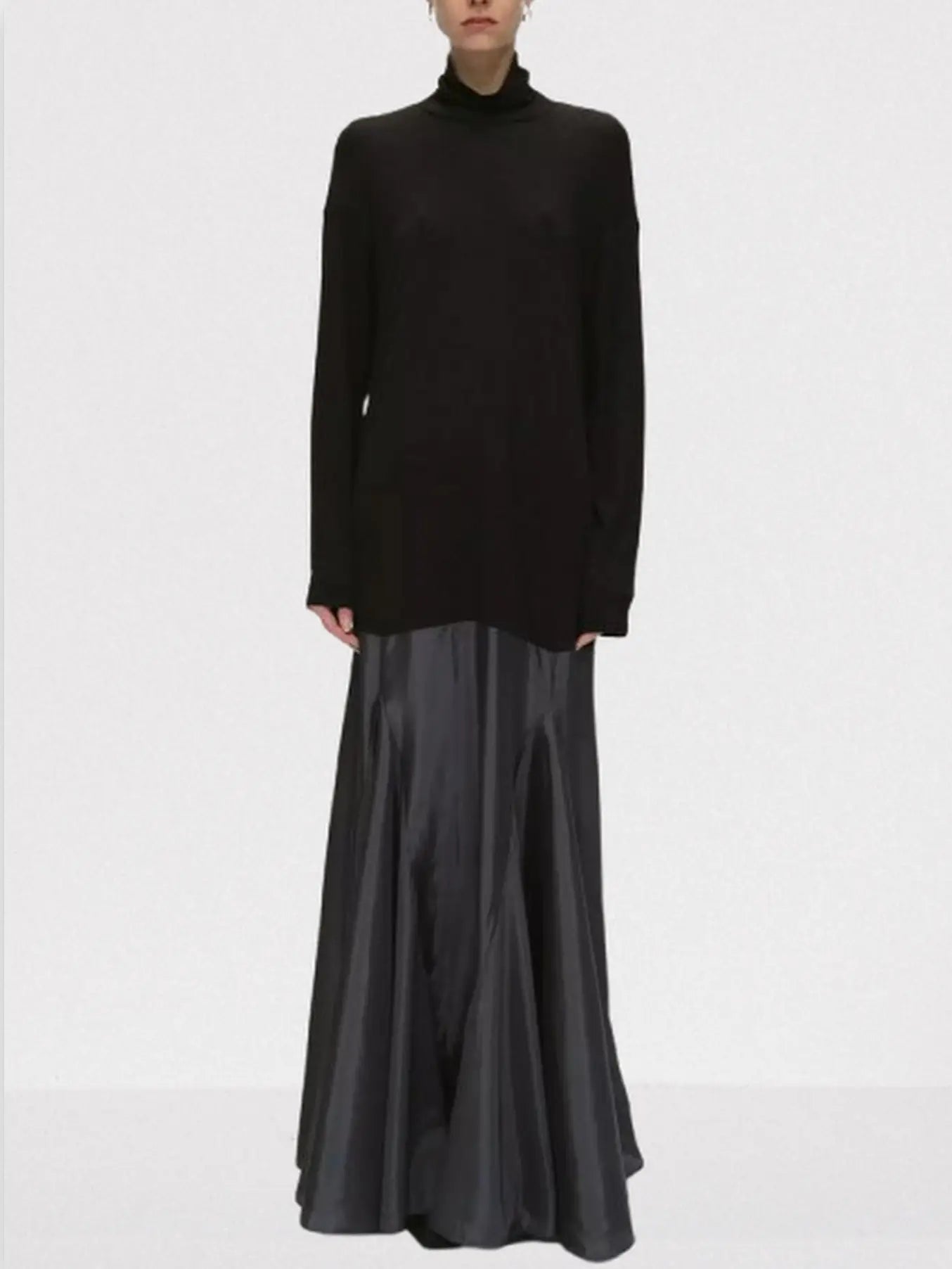 Turtleneck Jersey and Satin Flared Maxi Dress - Small / Black - Dresses