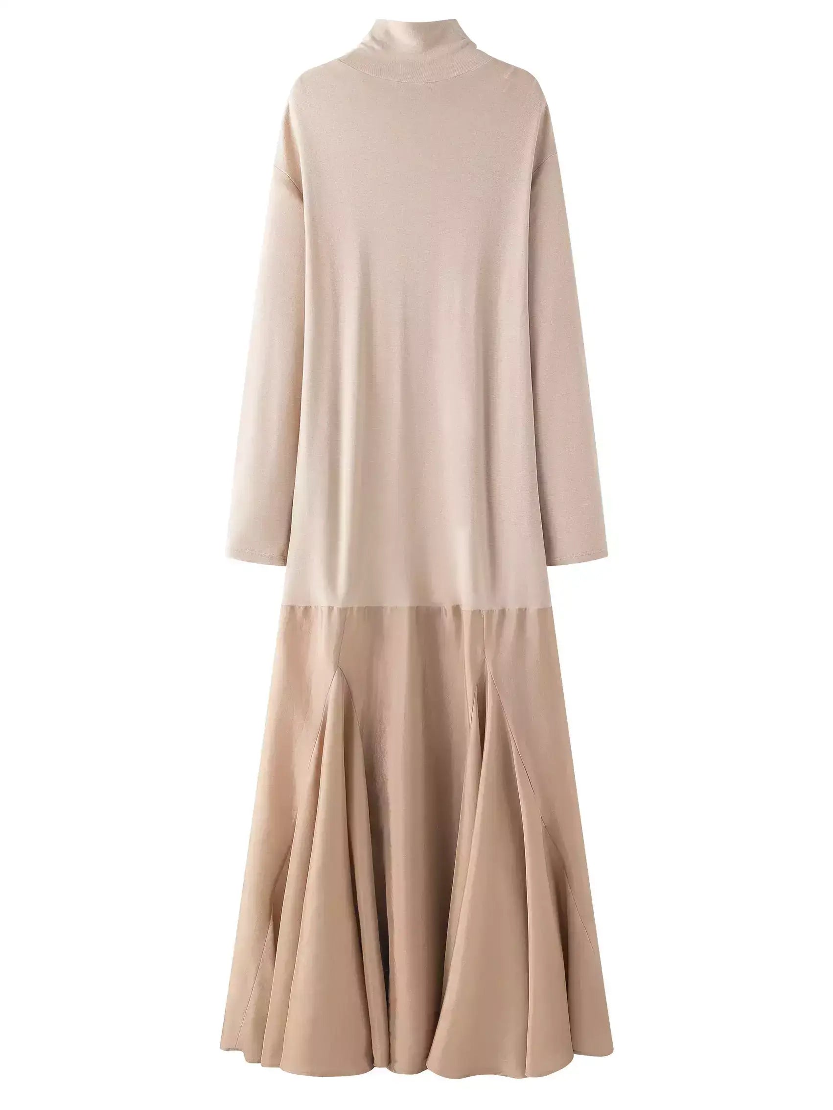 Turtleneck Jersey and Satin Flared Maxi Dress - Dresses