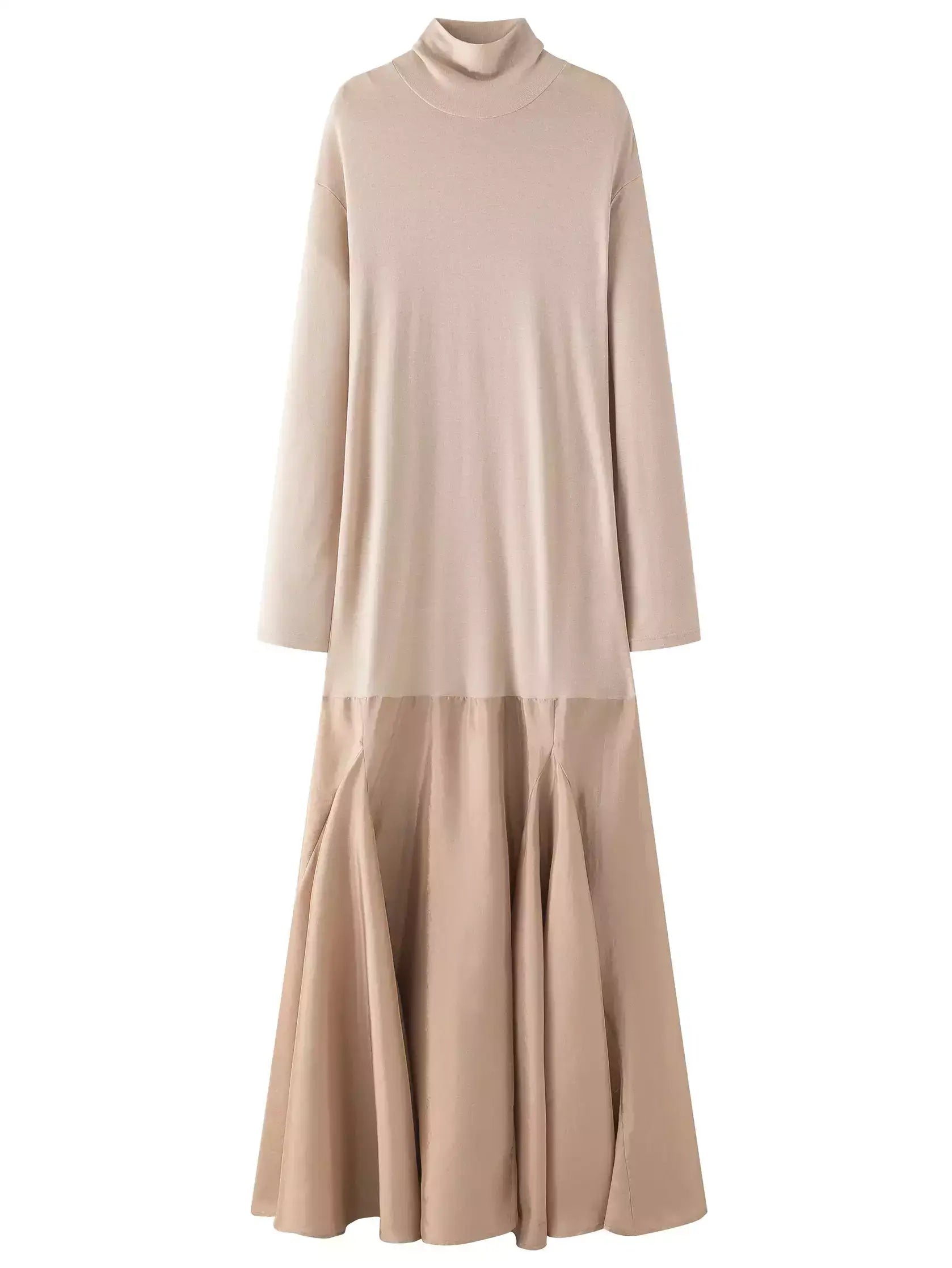 Turtleneck Jersey and Satin Flared Maxi Dress - Dresses
