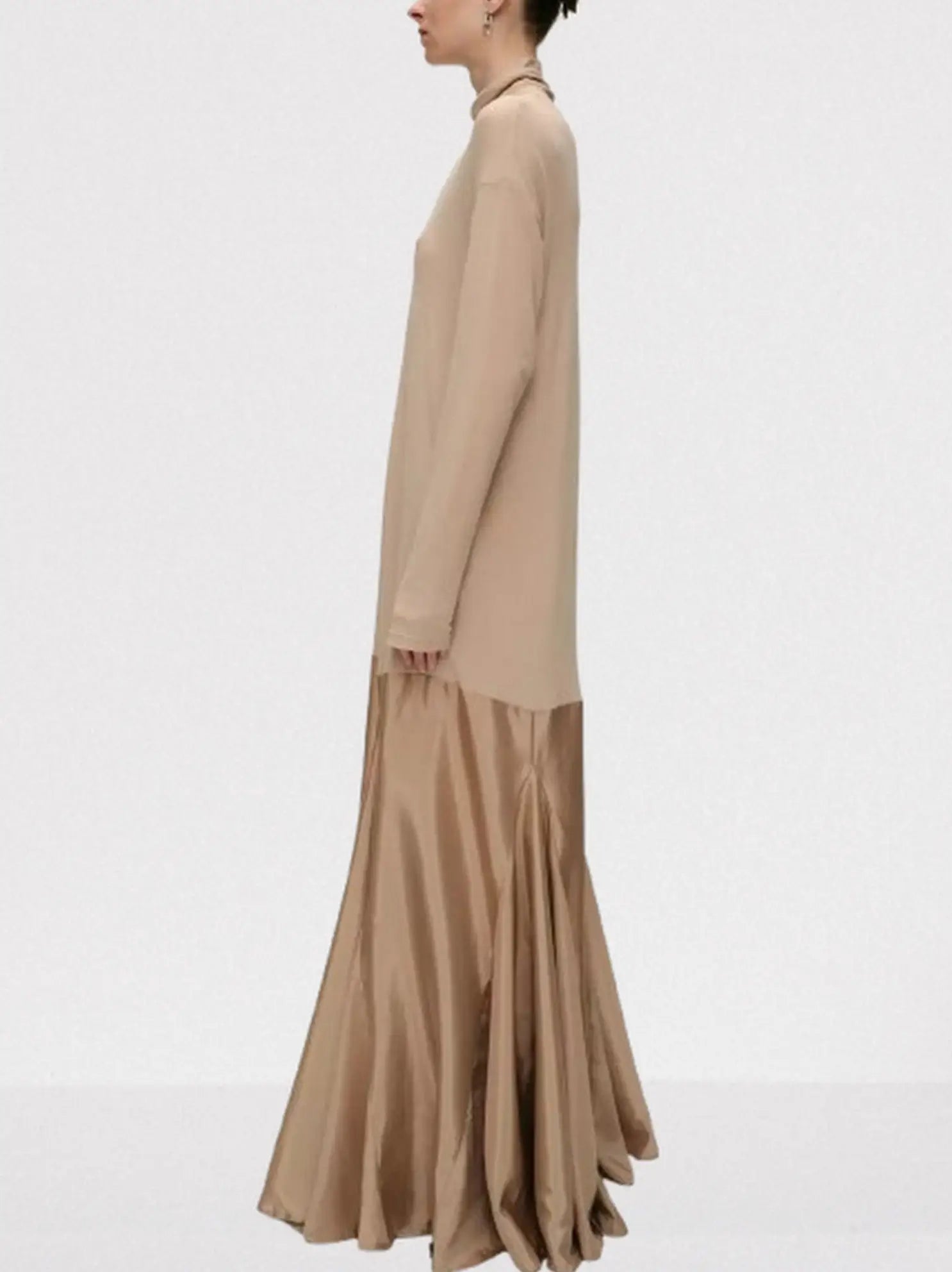 Turtleneck Jersey and Satin Flared Maxi Dress - Dresses