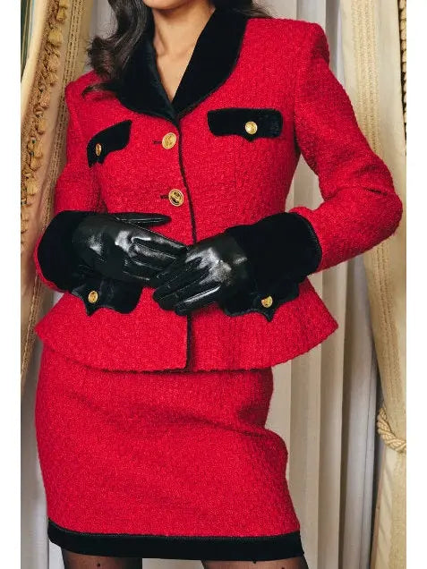 Tweed Blazer and Skirt Set in Red with Black Trim - Branna Couture