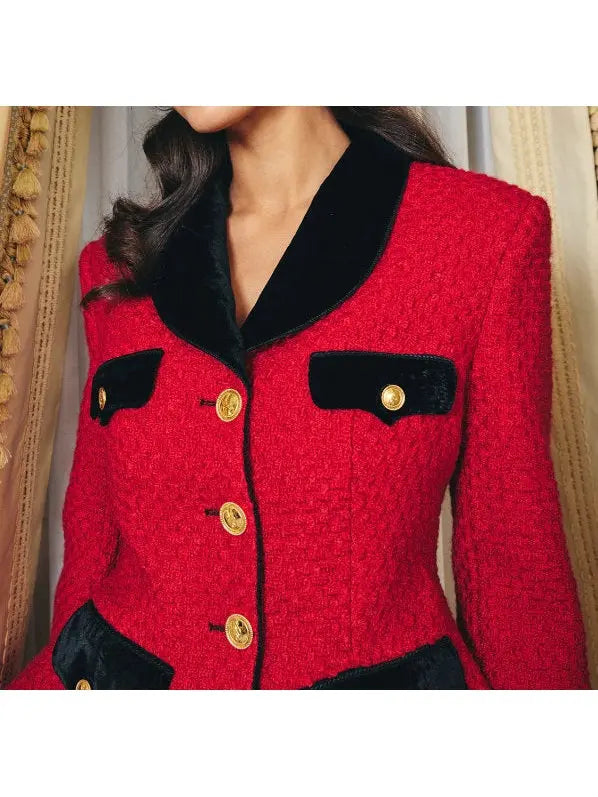 Tweed Blazer and Skirt Set in Red with Black Trim - Branna Couture