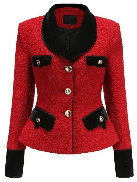 Tweed Blazer and Skirt Set in Red with Black Trim - Branna Couture