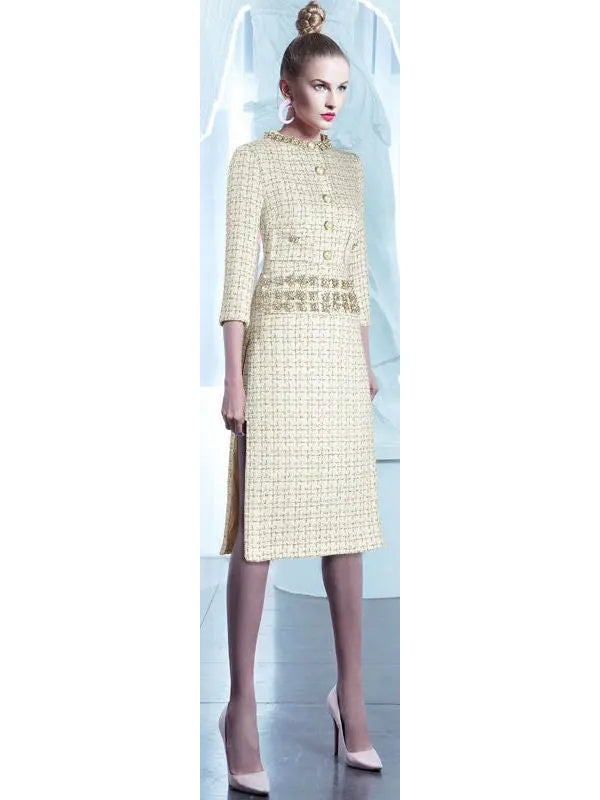 Tweed Crystal-Embellished Gold Threaded Dress - Branna Couture