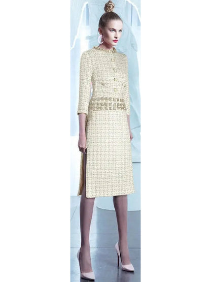 Tweed Crystal-Embellished Gold Threaded Dress - Branna Couture