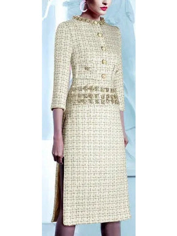 Tweed Crystal-Embellished Gold Threaded Dress - Branna Couture