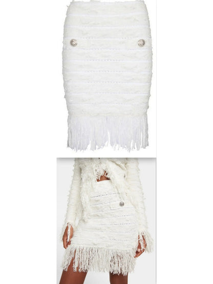 Tweed Fringe Skirt, White - Branna Couture