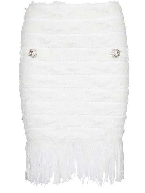 Tweed Fringe Skirt, White - Branna Couture