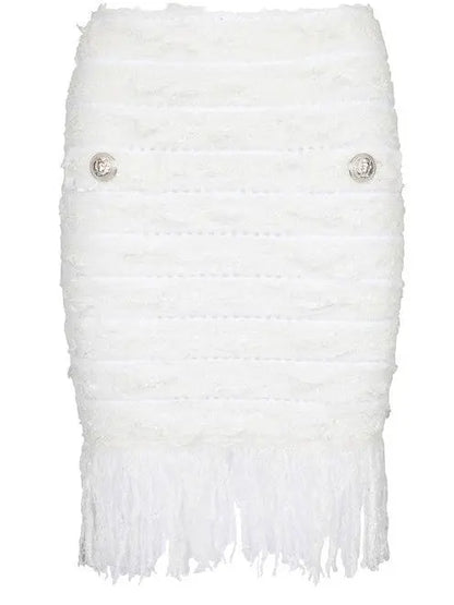 Tweed Fringe Skirt, White - Branna Couture