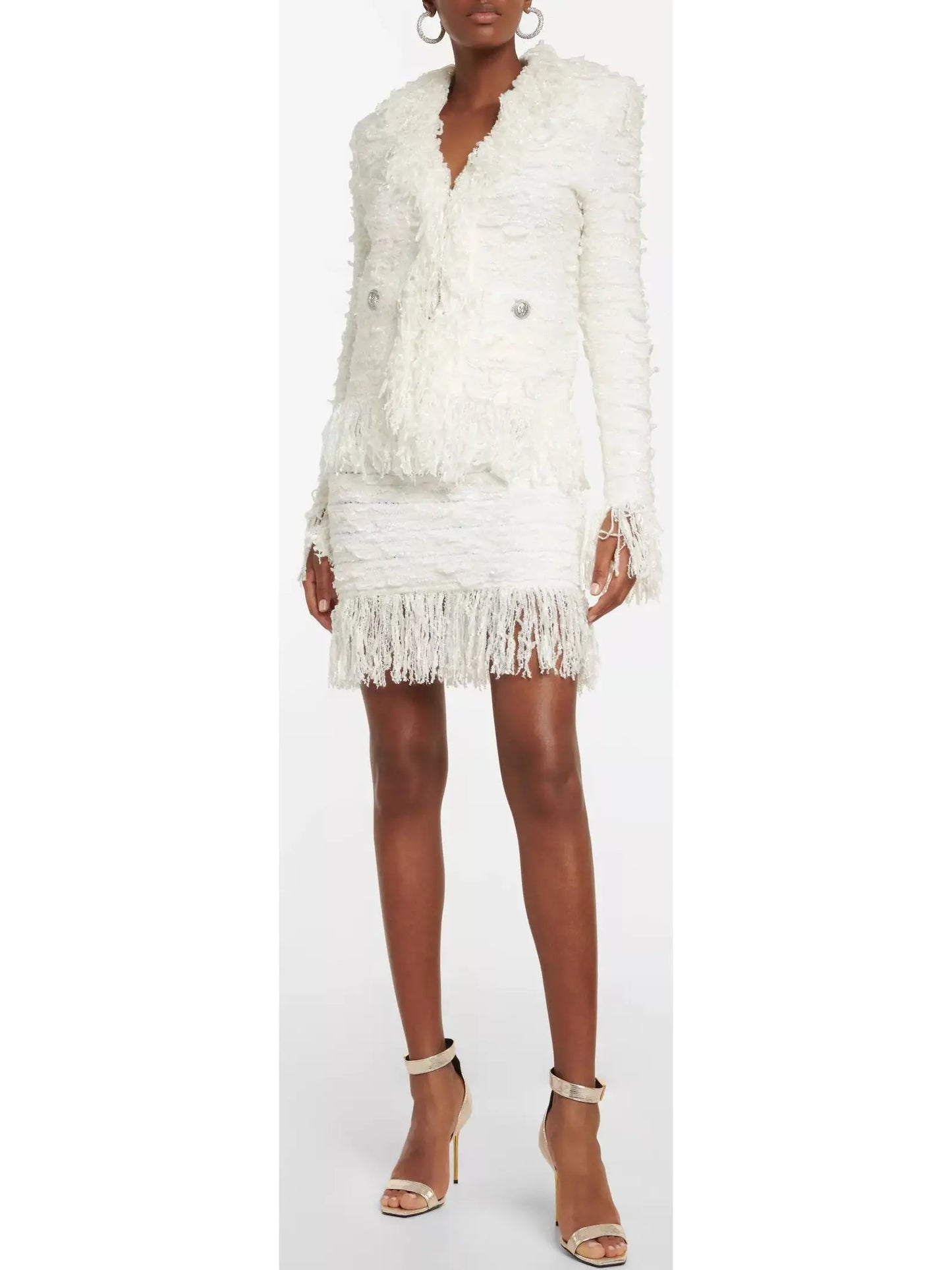 Tweed Fringe Skirt, White - Branna Couture