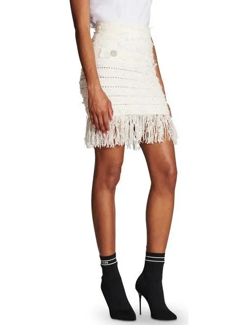 Tweed Fringe Skirt, White - Branna Couture