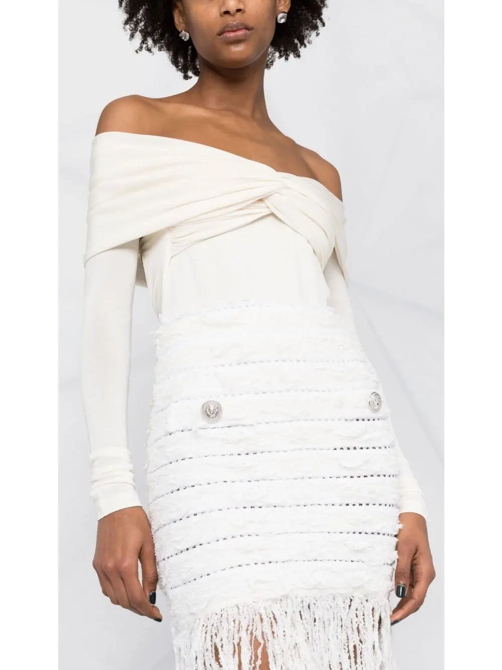 Tweed Fringe Skirt, White - Branna Couture