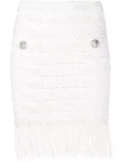 Tweed Fringe Skirt, White - Branna Couture