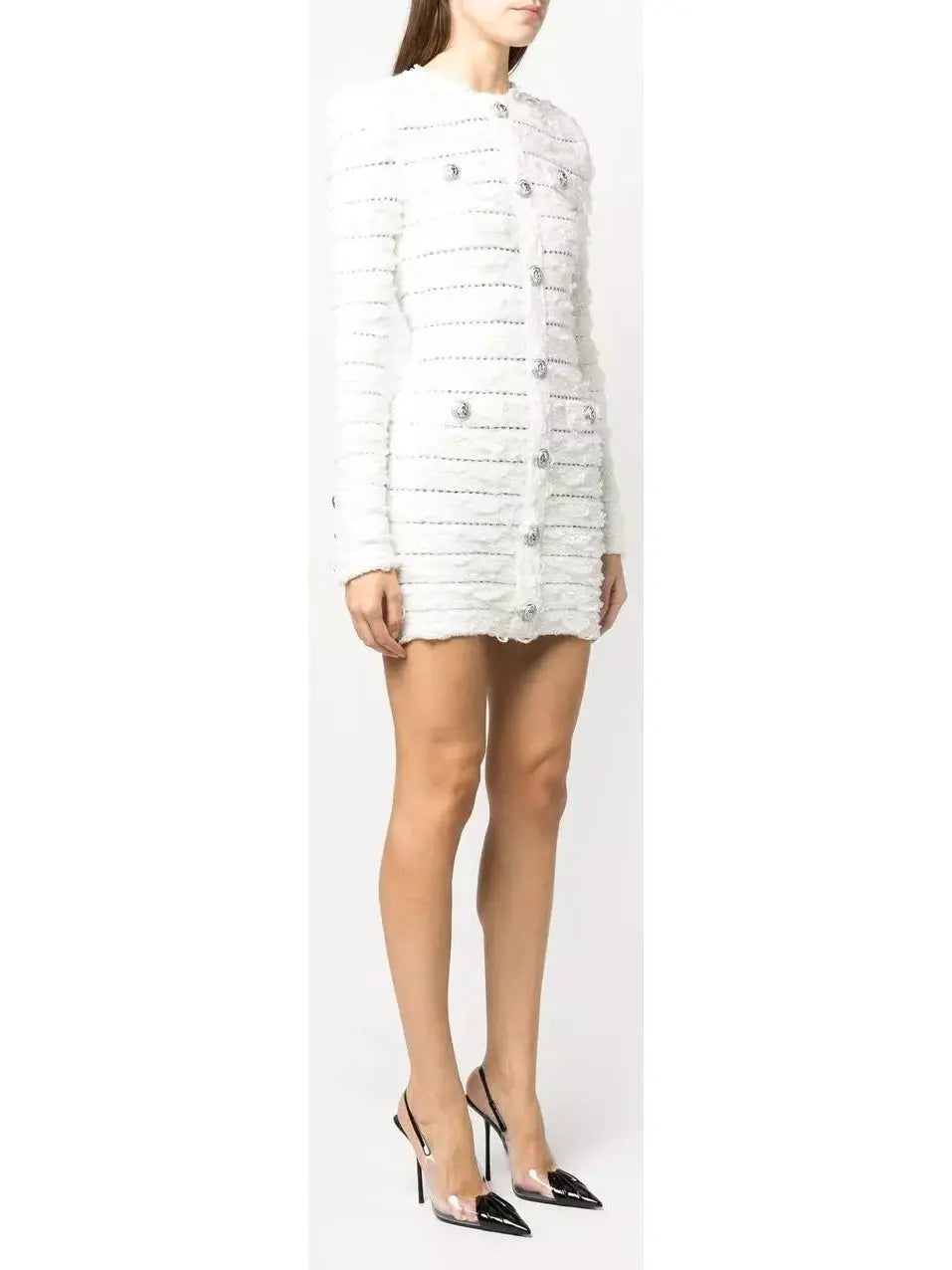 Tweed Knit Mini Dress, White - Branna Couture