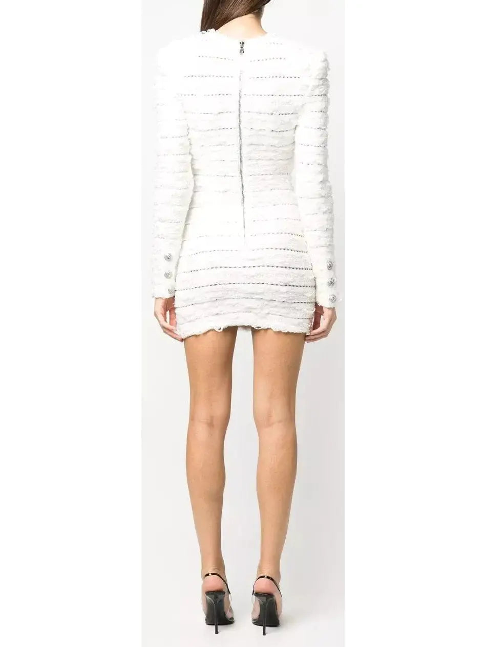 Tweed Knit Mini Dress, White - Branna Couture