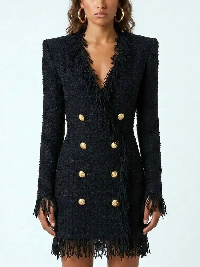 Tweed Fringed Mini Dress in Black - S - Dresses