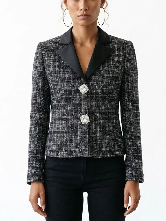 Tweed Jacket with Black Satin Collar and Rhinestone Buttons - Small - Jackets
