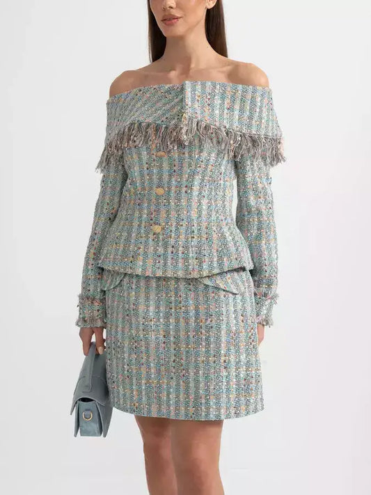 Tweed Off-Shoulder Fringe Jacket and Skirt Set - S - Suits & Sets