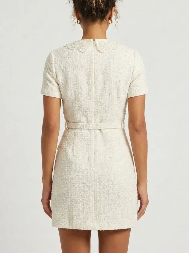 Tweed Buttoned Mini Dress is Creamy White - Dresses