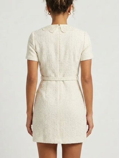 Tweed Buttoned Mini Dress is Creamy White - Dresses