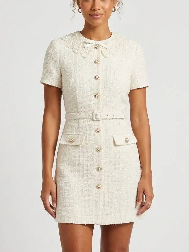 Tweed Buttoned Mini Dress is Creamy White - Dresses
