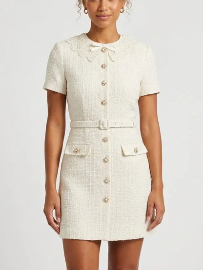 Tweed Buttoned Mini Dress is Creamy White - Dresses