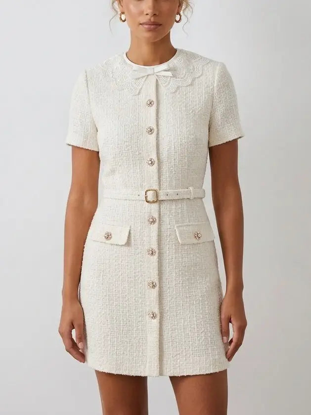 Tweed Buttoned Mini Dress is Creamy White - Dresses