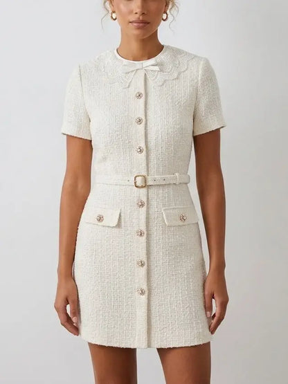 Tweed Buttoned Mini Dress is Creamy White - Dresses