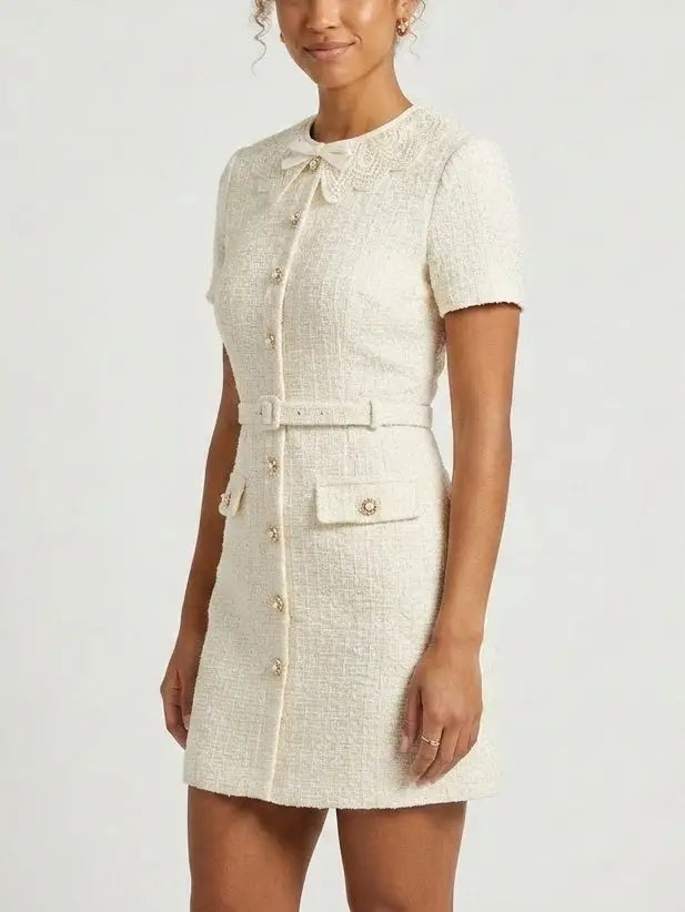 Tweed Buttoned Mini Dress is Creamy White - Dresses