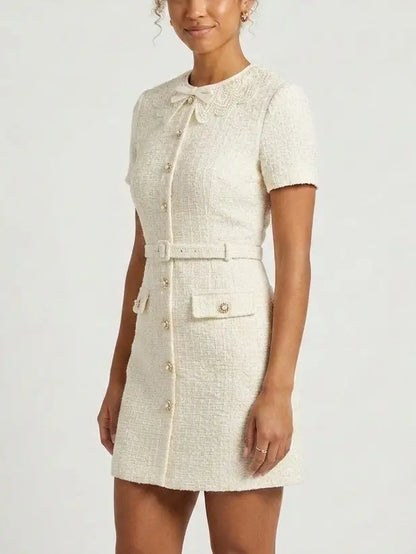 Tweed Buttoned Mini Dress is Creamy White - Dresses