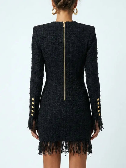 Tweed Fringed Mini Dress in Black - Dresses