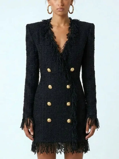 Tweed Fringed Mini Dress in Black - Dresses
