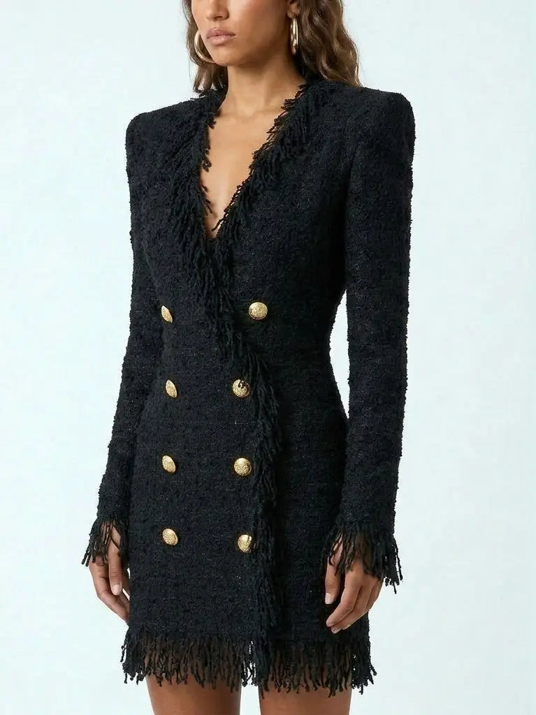 Tweed Fringed Mini Dress in Black - Dresses