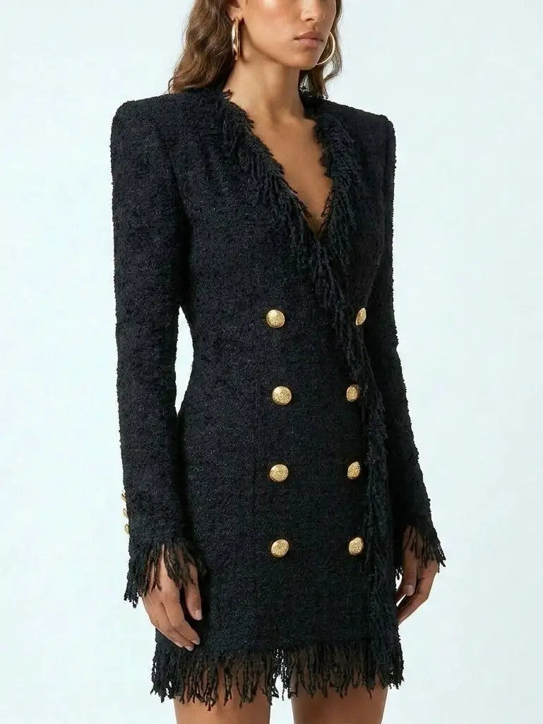 Tweed Fringed Mini Dress in Black - Dresses