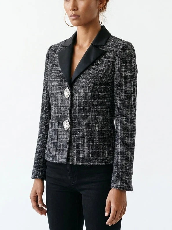 Tweed Jacket with Black Satin Collar and Rhinestone Buttons - Jackets