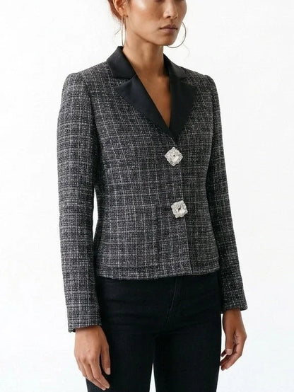 Tweed Jacket with Black Satin Collar and Rhinestone Buttons - Jackets