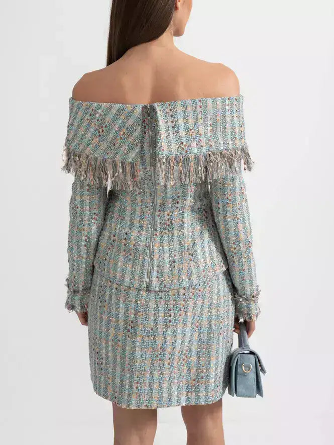 Tweed Off-Shoulder Fringe Jacket and Skirt Set - Suits & Sets
