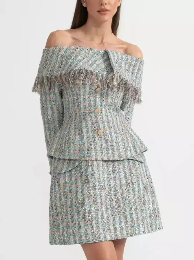 Tweed Off-Shoulder Fringe Jacket and Skirt Set - Suits & Sets