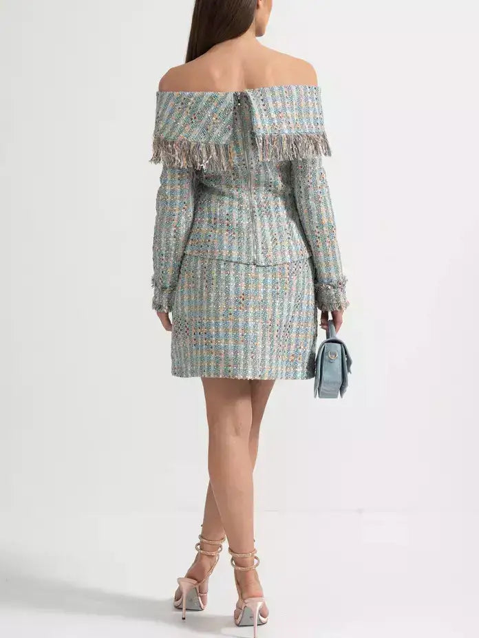 Tweed Off-Shoulder Fringe Jacket and Skirt Set - Suits & Sets