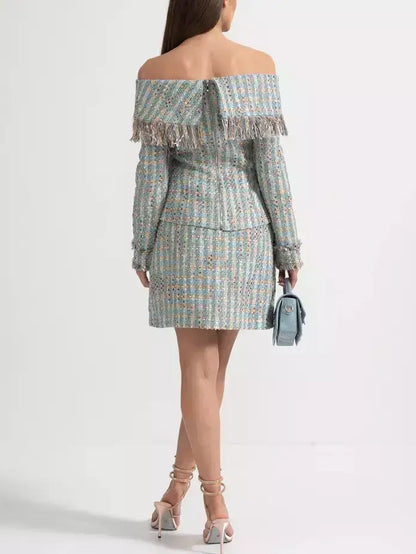 Tweed Off-Shoulder Fringe Jacket and Skirt Set - Suits & Sets