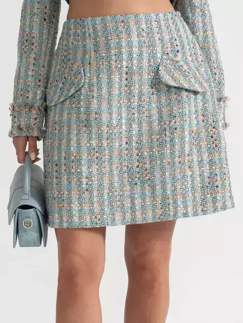 Tweed Off-Shoulder Fringe Jacket and Skirt Set - Suits & Sets