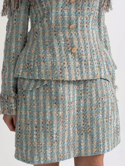 Tweed Off-Shoulder Fringe Jacket and Skirt Set - Suits & Sets