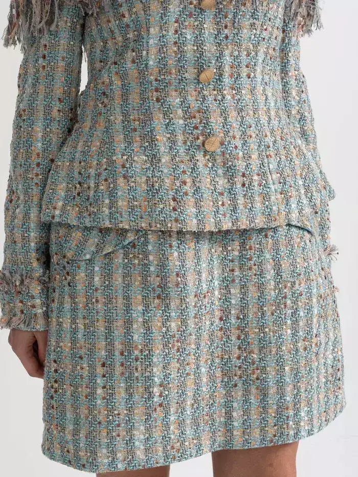 Tweed Off-Shoulder Fringe Jacket and Skirt Set - Suits & Sets