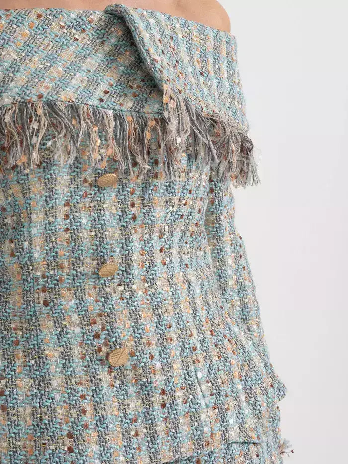 Tweed Off-Shoulder Fringe Jacket and Skirt Set - Suits & Sets