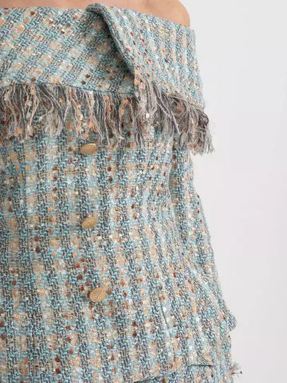 Tweed Off-Shoulder Fringe Jacket and Skirt Set - Suits & Sets