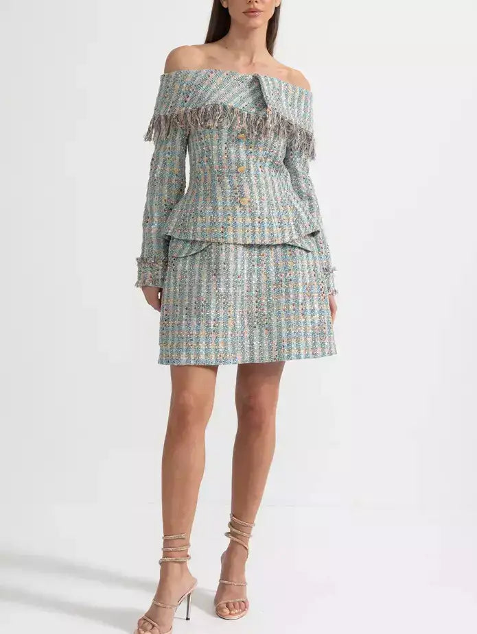 Tweed Off-Shoulder Fringe Jacket and Skirt Set - Suits & Sets