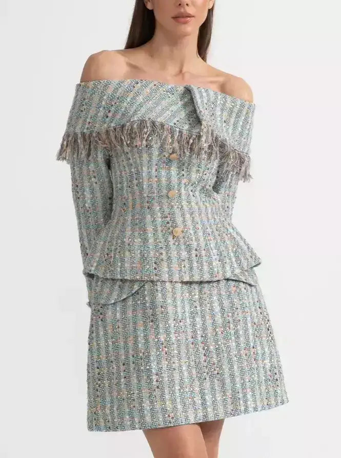 Tweed Off-Shoulder Fringe Jacket and Skirt Set - Suits & Sets