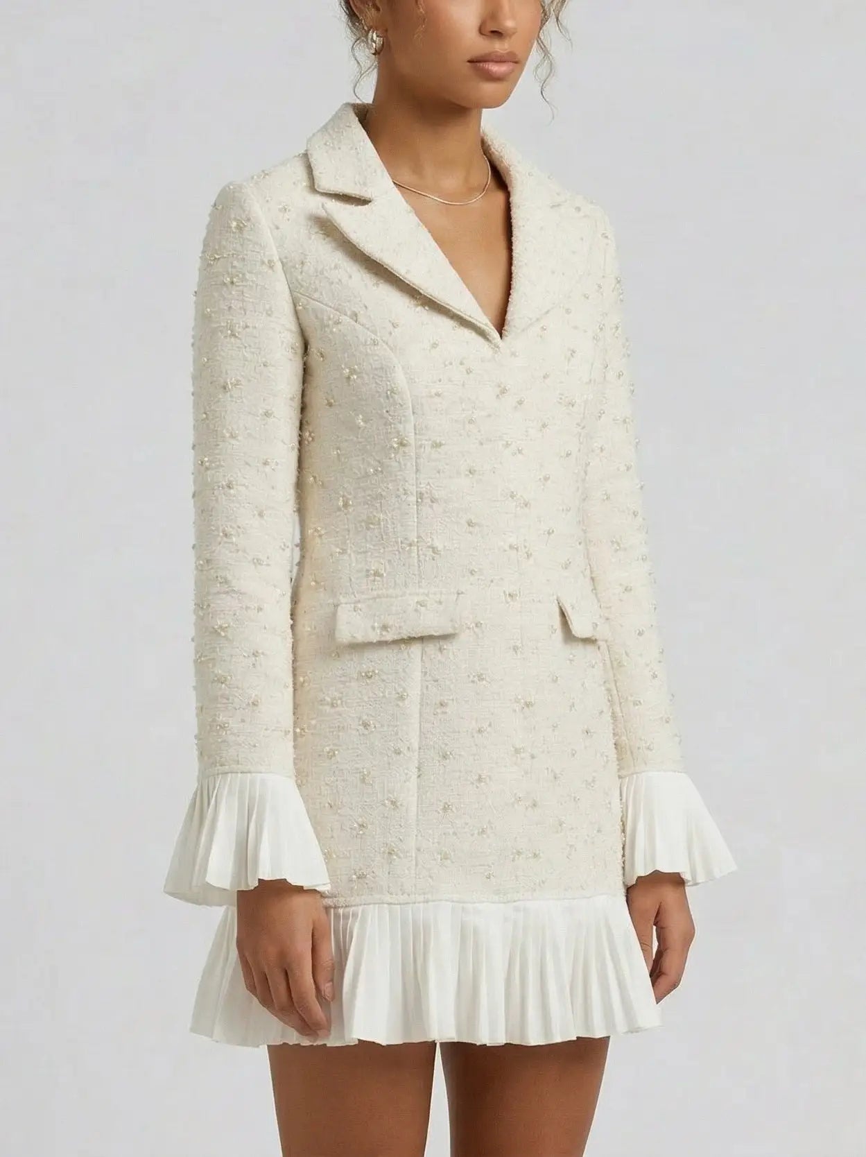 Tweed Pleated-Trim Blazer-Style Mini Dress - Dresses